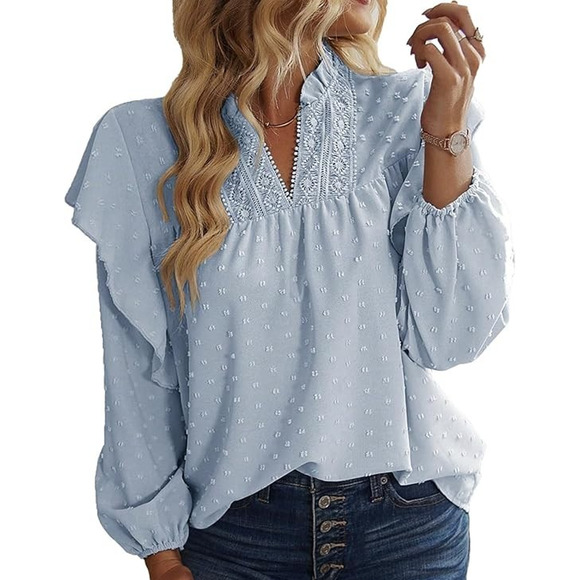 Unbranded Tops - Blue Swiss Dot Ruffle Soft Girl Coquette Peasant Prairie Cottage‎ Sheer Blouse L